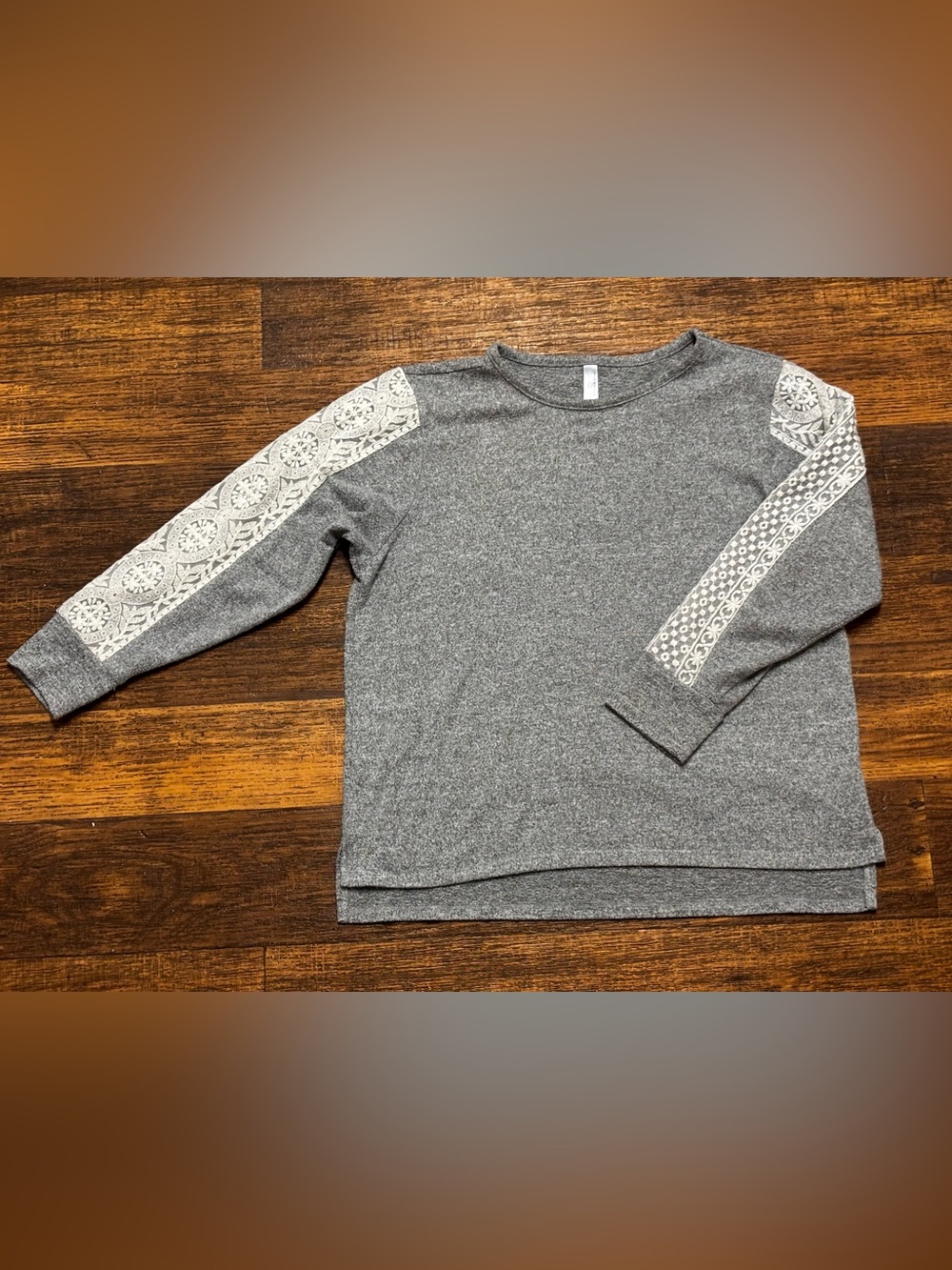Flora Nikrooz Gray Sweatshirt with Cream Lace Sleeve Panels